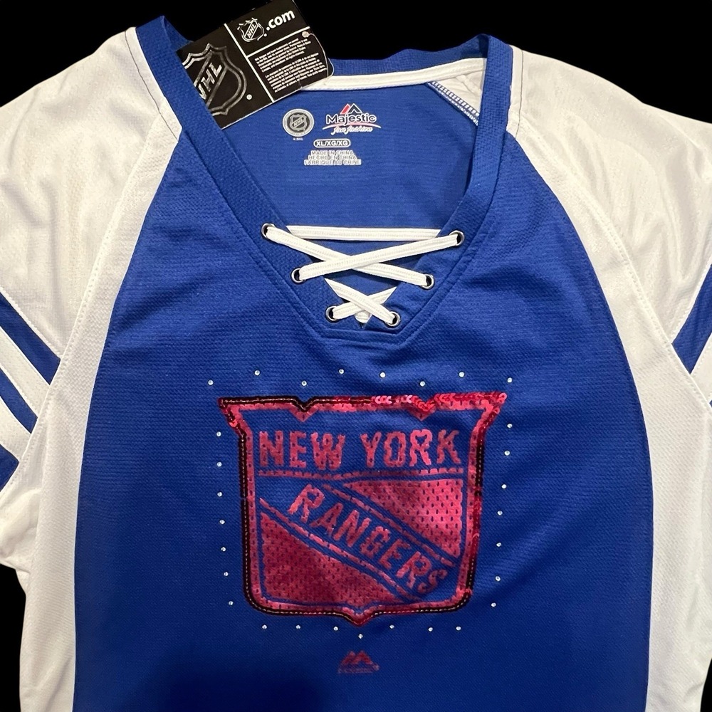 NY Rangers NHL Hockey Women's Sequined Top Short Sleeve Shirt Size XL